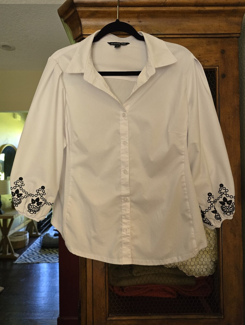 Zac & Rachel White Button-Down Top with Black Embroidered Cuffs